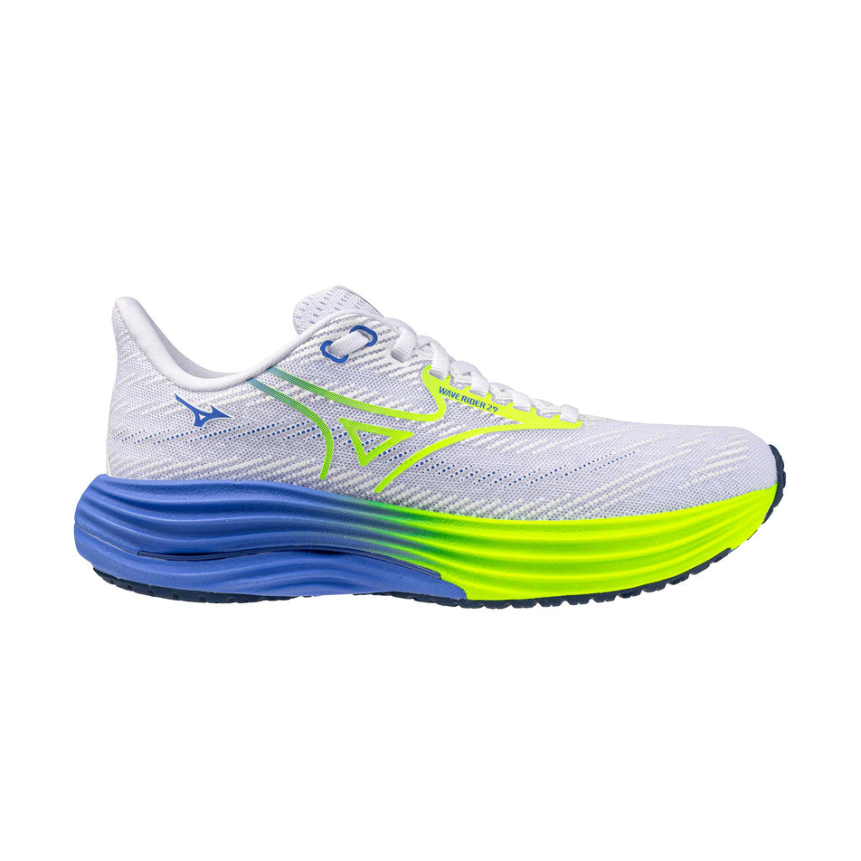 Lateral view of the right shoe from a pair of Mizuno Women's Wave Rider 29 Running Shoes in the White/Lightning Yellow/Ultramarine colourway.