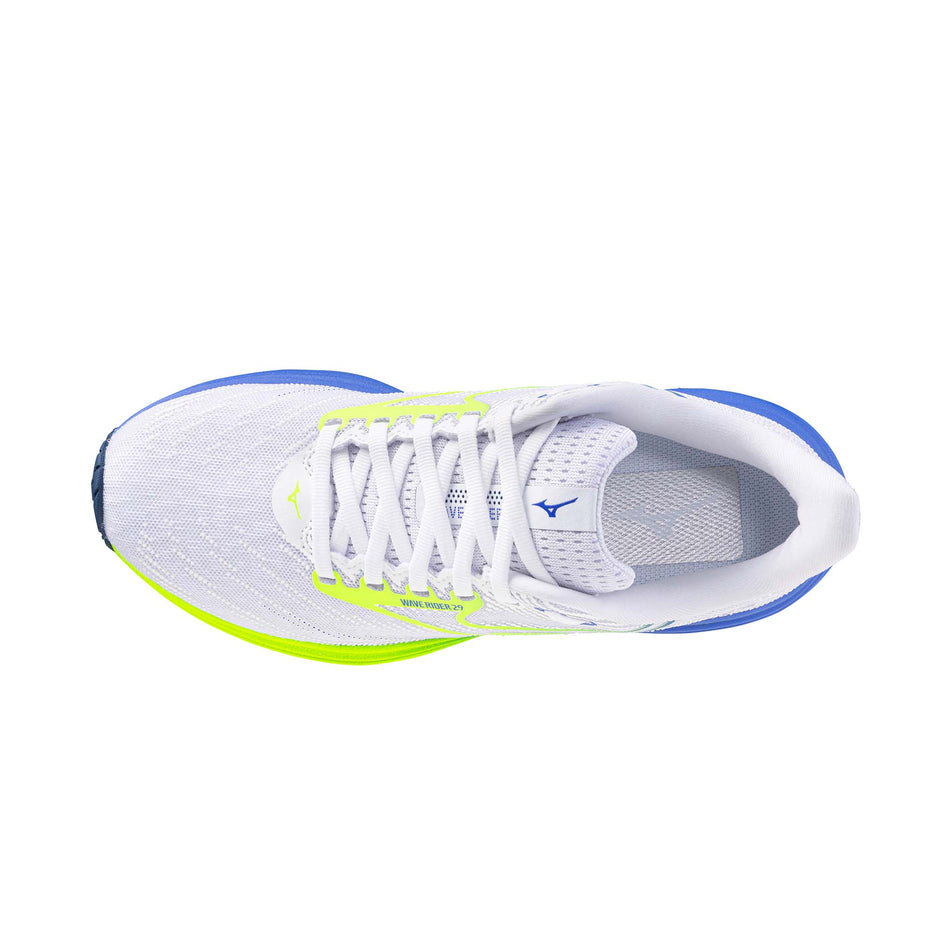 The upper of the left shoe from a pair of Mizuno Women's Wave Rider 29 Running Shoes in the White/Lightning Yellow/Ultramarine colourway.