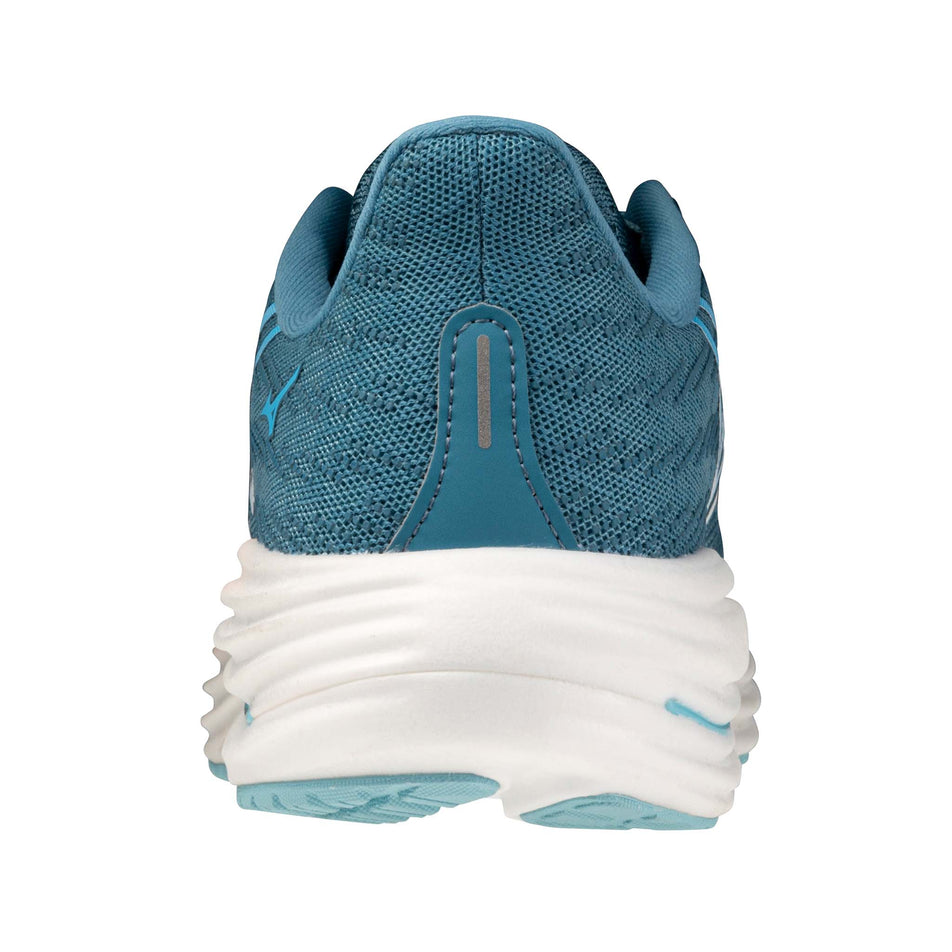 The back of the left shoe from a pair of Mizuno Women's Wave Rider 29 Running Shoes in the Larkspur/White/Pinkesque colourway.