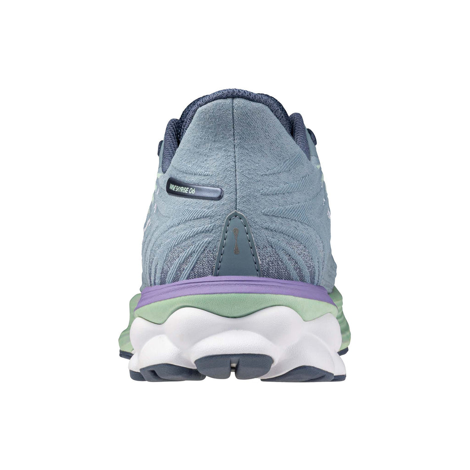 Back of the left shoe from a pair of Mizuno Women's Wave Skyrise 6 Running Shoes in the Citadel/White/Bay colourway. (8547527000226)