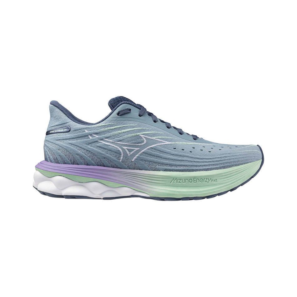 Lateral side of the right shoe from a pair of Mizuno Women's Wave Skyrise 6 Running Shoes in the Citadel/White/Bay colourway. (8547527000226)