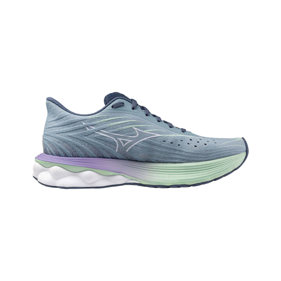 Medial side of the left shoe from a pair of Mizuno Women's Wave Skyrise 6 Running Shoes in the Citadel/White/Bay colourway. (8547527000226)