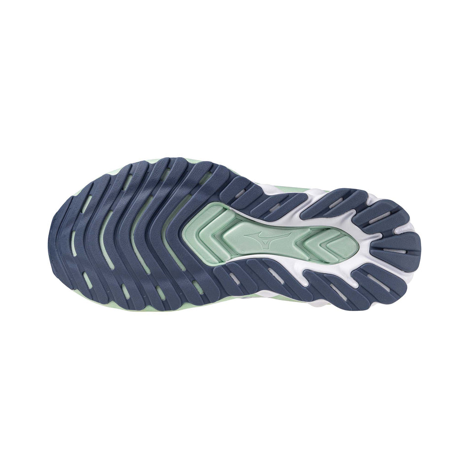 Outsole of the left shoe from a pair of Mizuno Women's Wave Skyrise 6 Running Shoes in the Citadel/White/Bay colourway. (8547527000226)