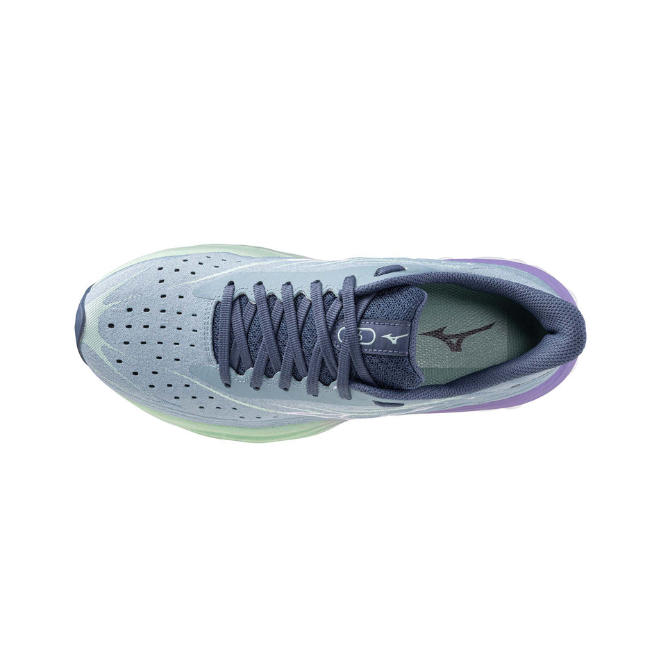 Upper of the left shoe from a pair of Mizuno Women's Wave Skyrise 6 Running Shoes in the Citadel/White/Bay colourway. (8547527000226)