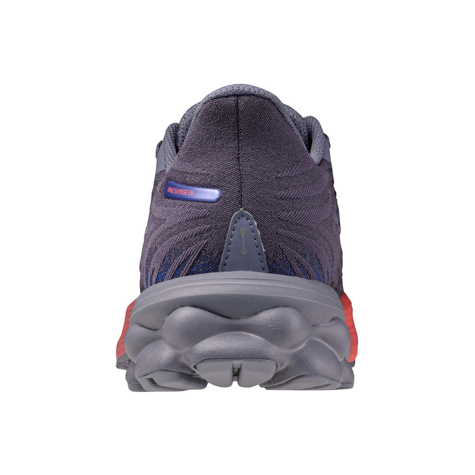 The back of the left shoe from a pair of Mizuno Women's Wave Skyrise 6 Running Shoes in the Blue Granite/Icelandic Blue/Striking Coral colourway. (8691845562530)