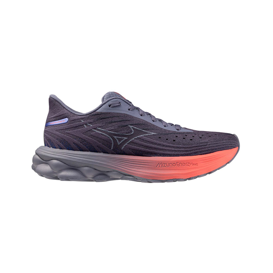 Lateral view of the right shoe from a pair of Mizuno Women's Wave Skyrise 6 Running Shoes in the Blue Granite/Icelandic Blue/Striking Coral colourway. (8691845562530)