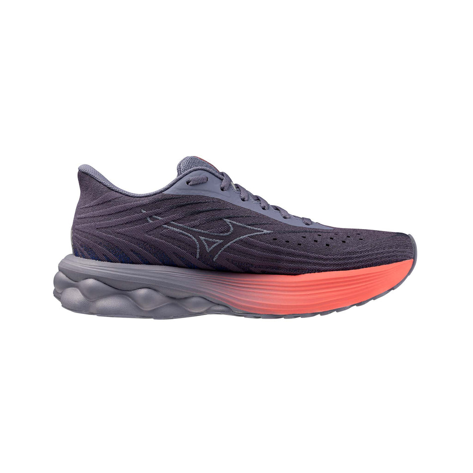Medial view of the left shoe from a pair of Mizuno Women's Wave Skyrise 6 Running Shoes in the Blue Granite/Icelandic Blue/Striking Coral colourway. (8691845562530)