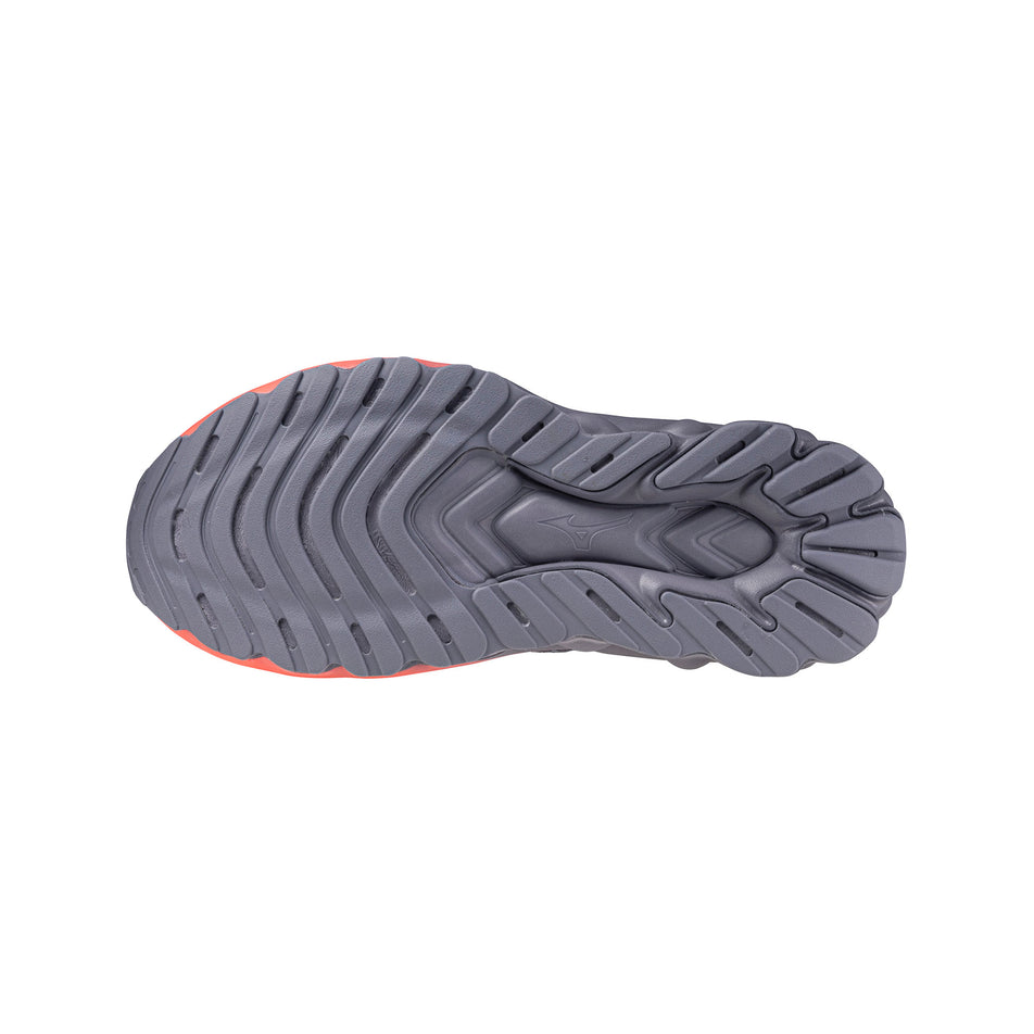 The outsole of the left shoe from a pair of Mizuno Women's Wave Skyrise 6 Running Shoes in the Blue Granite/Icelandic Blue/Striking Coral colourway. (8691845562530)