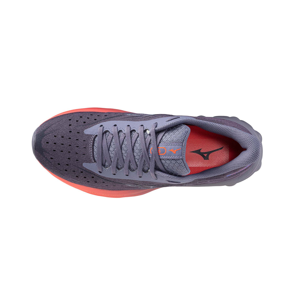 The upper of the left shoe from a pair of Mizuno Women's Wave Skyrise 6 Running Shoes in the Blue Granite/Icelandic Blue/Striking Coral colourway. (8691845562530)