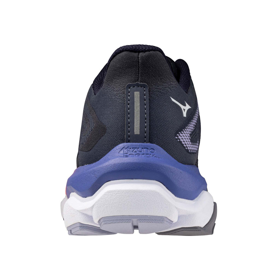 The back of the left shoe from a pair of Mizuno Women's Wave Horizon 8 Running Shoes in the Odyssey Gray/White/Striking Coral colourway. (8692028145826)