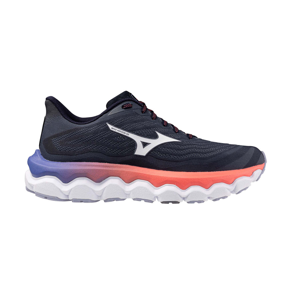 Lateral view of the right shoe from a pair of Mizuno Women's Wave Horizon 8 Running Shoes in the Odyssey Gray/White/Striking Coral colourway. (8692028145826)
