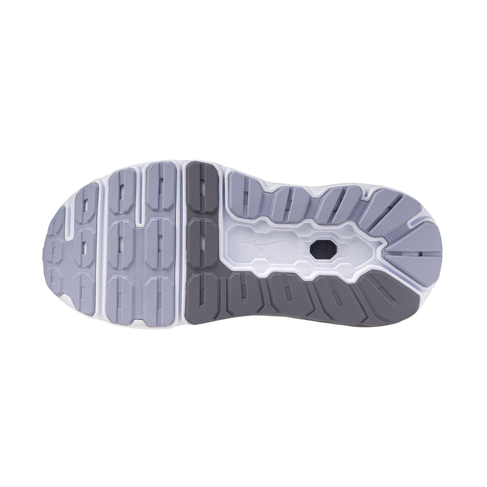 The outsole of the left shoe from a pair of Mizuno Women's Wave Horizon 8 Running Shoes in the Odyssey Gray/White/Striking Coral colourway.(8692028145826)