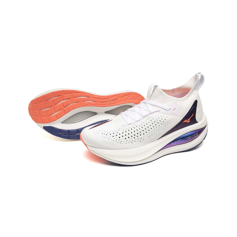 A pair of Mizuno Women's Neo Vista 2 Running Shoes in the White/Striking Coral/Iris Bloom colourway. (8675495739554)