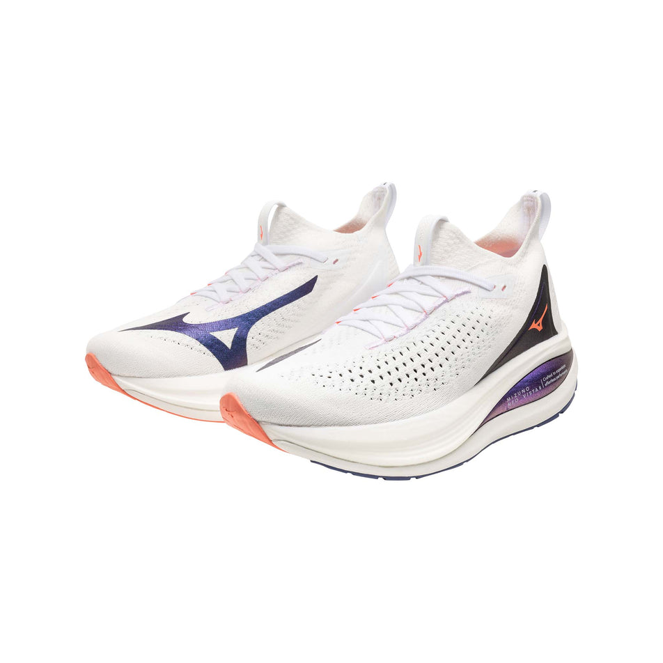 A pair of Mizuno Women's Neo Vista 2 Running Shoes in the White/Striking Coral/Iris Bloom colourway. (8675495739554)