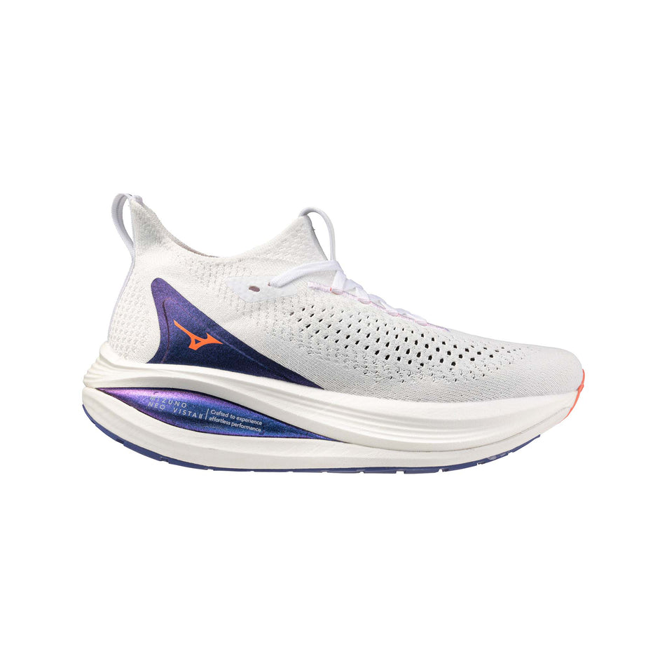 Lateral view of the right shoe from a pair of Mizuno Women's Neo Vista 2 Running Shoes in the White/Striking Coral/Iris Bloom colourway. (8675495739554)