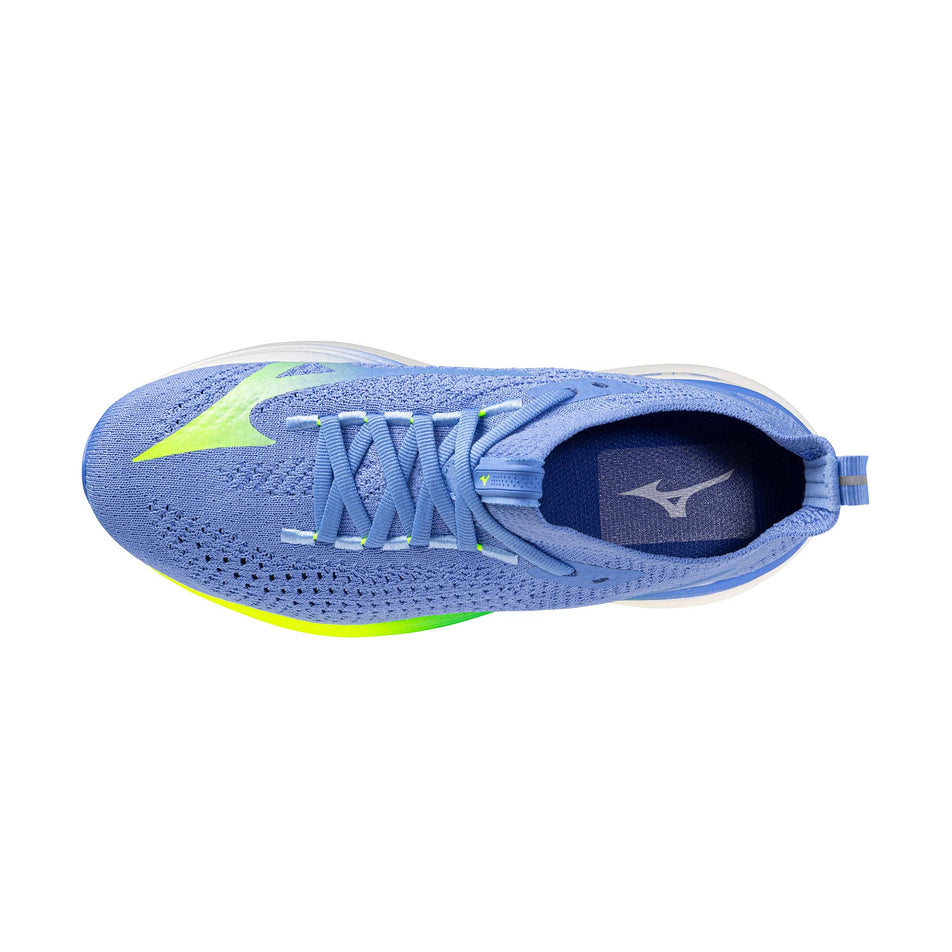 The upper of the left shoe from a pair of Mizuno Women's Neo Vista 2 Running Shoes in the Ultramarine/White/Lighting Yellow colourway.