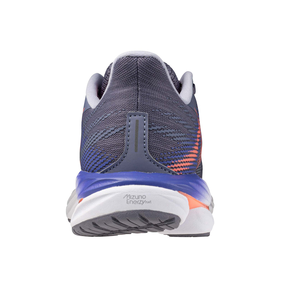 The back of the left shoe from a pair of Mizuno Women's Wave Inspire 21 Running Shoes in the Blue Granite/Striking Coral/Iris Bloom colourway. (8675493642402)