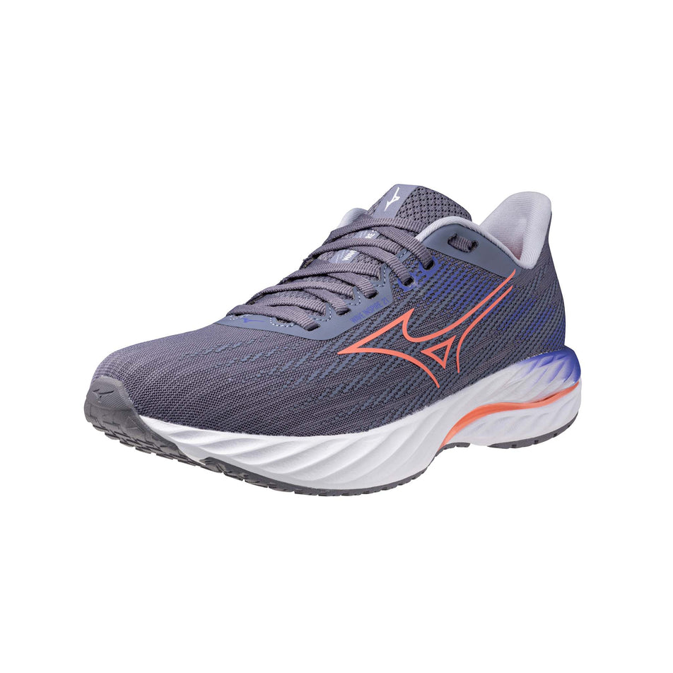 Lateral view of the left shoe from a pair of Mizuno Women's Wave Inspire 21 Running Shoes in the Blue Granite/Striking Coral/Iris Bloom colourway. (8675493642402)