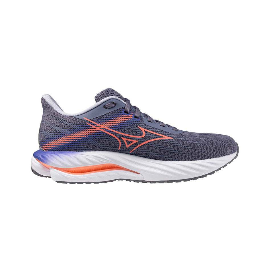Medial view of the left shoe from a pair of Mizuno Women's Wave Inspire 21 Running Shoes in the Blue Granite/Striking Coral/Iris Bloom colourway. (8675493642402)
