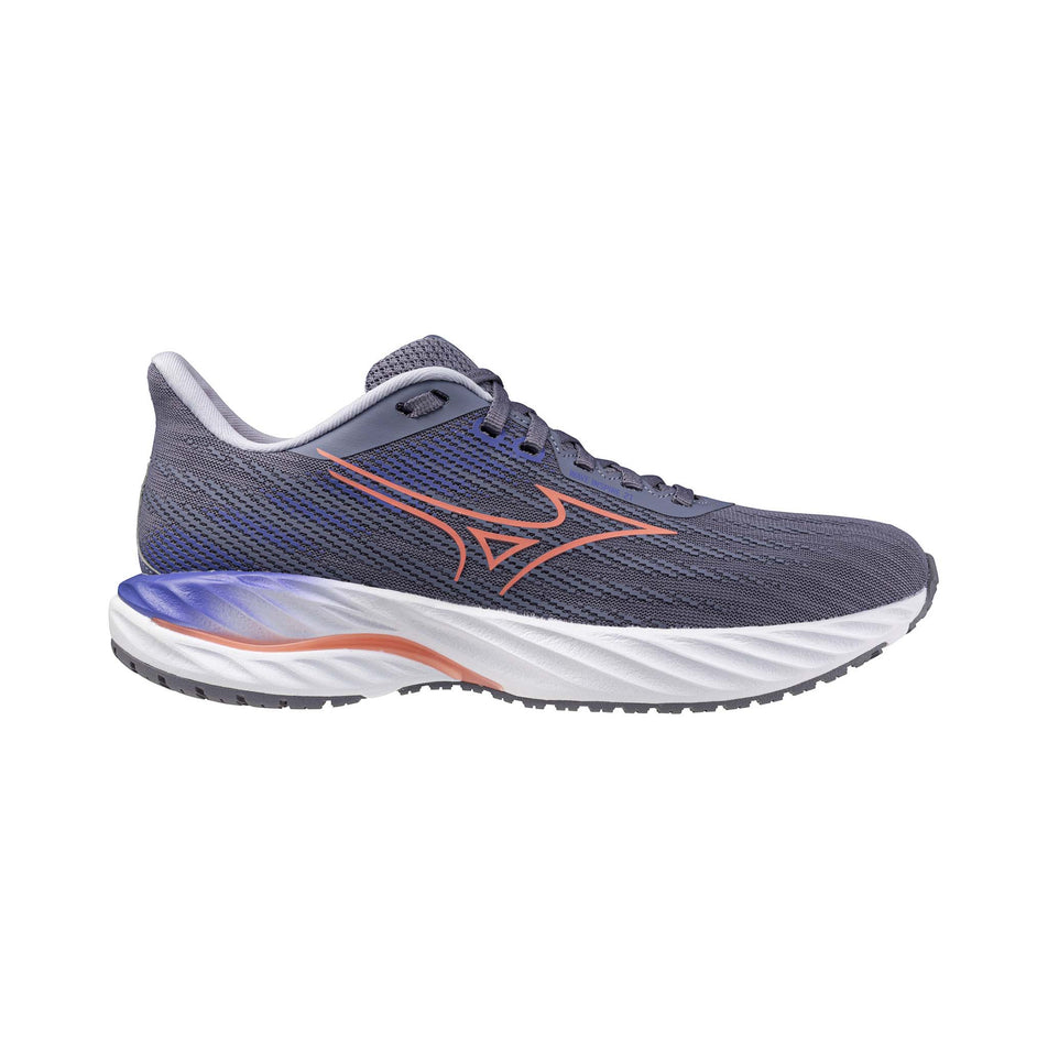 Lateral view of the right shoe from a pair of Mizuno Women's Wave Inspire 21 Running Shoes in the Blue Granite/Striking Coral/Iris Bloom colourway. (8675493642402)