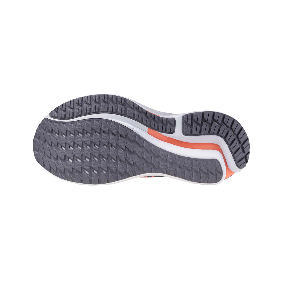 The outsole of the left shoe from a pair of Mizuno Women's Wave Inspire 21 Running Shoes in the Blue Granite/Striking Coral/Iris Bloom colourway. (8675493642402)