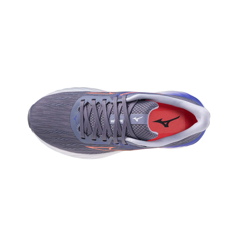 The upper of the left shoe from a pair of Mizuno Women's Wave Inspire 21 Running Shoes in the Blue Granite/Striking Coral/Iris Bloom colourway. (8675493642402)