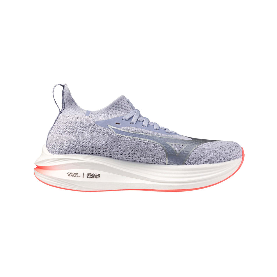 Medial view of the left shoe from a pair of Mizuno Women's Neo Zen Running Shoes in the Icelandic Blue/Silver/Striking Coral colourway. (8691816530082)