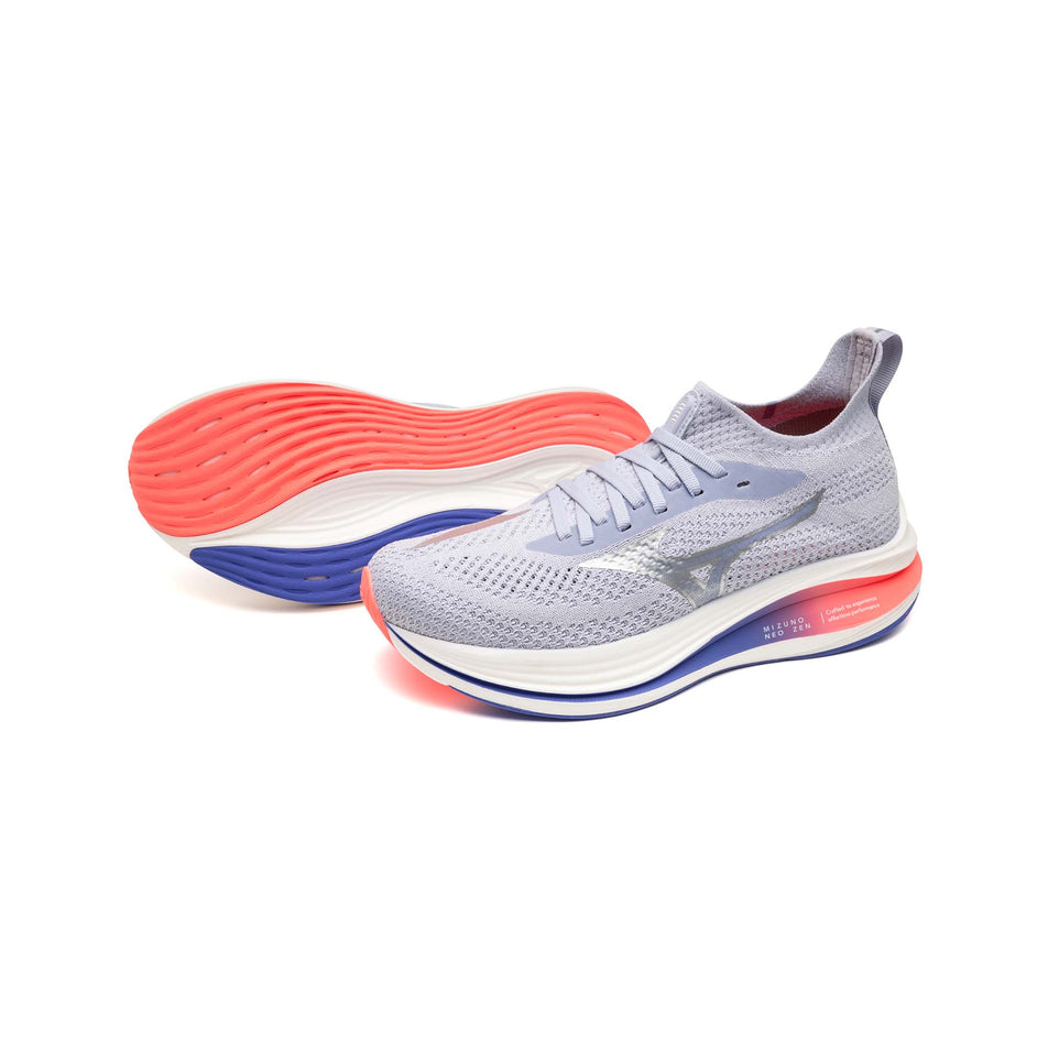 A pair of Mizuno Women's Neo Zen Running Shoes in the Icelandic Blue/Silver/Striking Coral colourway. (8691816530082)