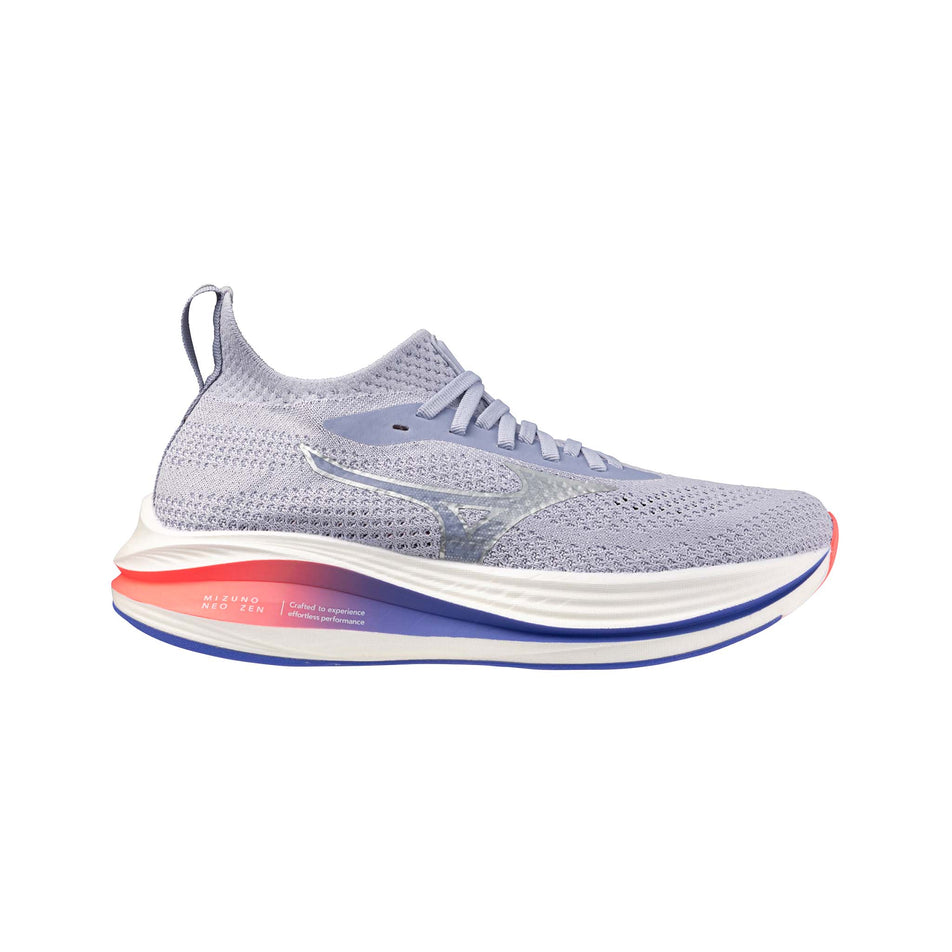 Lateral view of the right shoe from a pair of Mizuno Women's Neo Zen Running Shoes in the Icelandic Blue/Silver/Striking Coral colourway. (8691816530082)