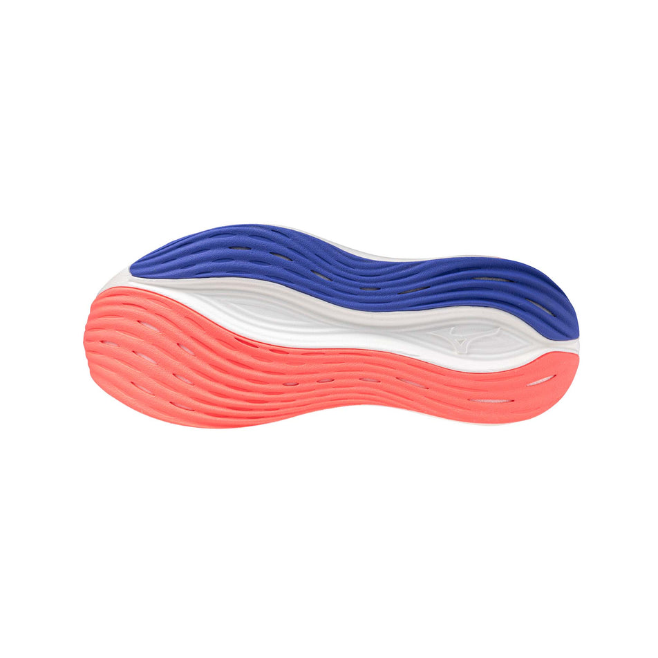 The outsole of the left shoe from a pair of Mizuno Women's Neo Zen Running Shoes in the Icelandic Blue/Silver/Striking Coral colourway. (8691816530082)