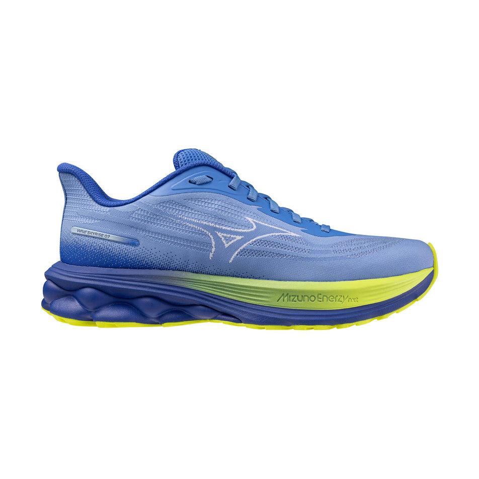Lateral view of the right shoe from a pair of Mizuno Women's Wave Skyrise 7 Running Shoes in the Ultramarine/White/Dazzling Blue colourway.