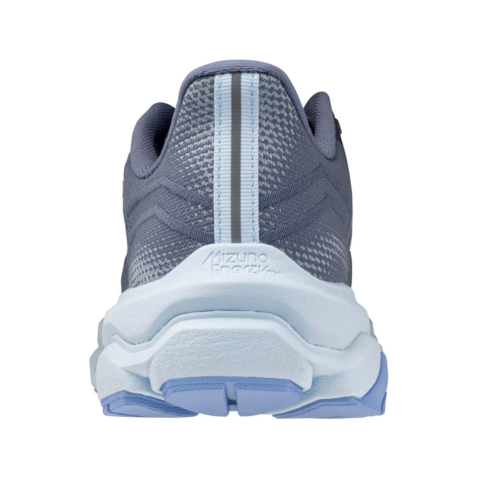 The back of the left shoe from a pair of Mizuno Women's Wave Horizon 9 Running Shoes in the Wild Wind/White/Vista Blue colourway.