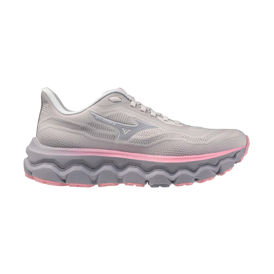 Lateral view of the right shoe from a pair of Mizuno Women's Wave Horizon 9 Running Shoes in the Lilac Hint/Dapple Gray/Pink Drink colourway.