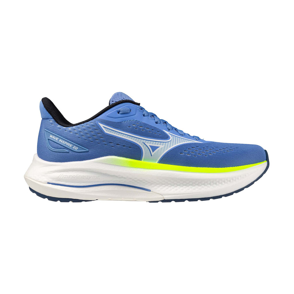 Lateral view of the right shoe from a pair of Mizuno Women's Wave Inspire 22 Running Shoes in the Ultramarine/White/Lighting Yellow colourway.
