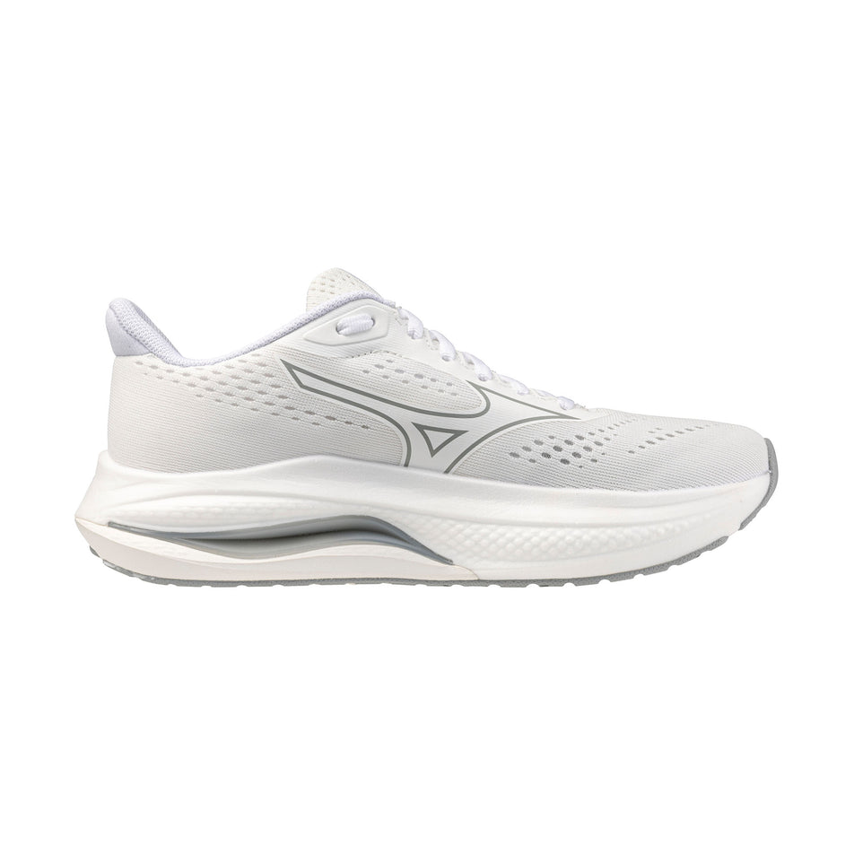 Medial view of the left shoe from a pair of Mizuno Women's Wave Inspire 22 Running Shoes in the White/White/Harbor Mist colourway.