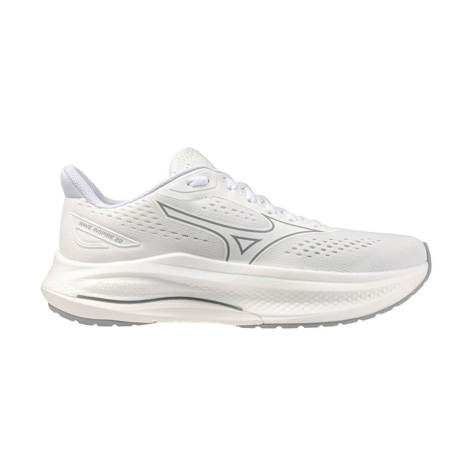 Lateral view of the right shoe from a pair of Mizuno Women's Wave Inspire 22 Running Shoes in the White/White/Harbor Mist colourway.
