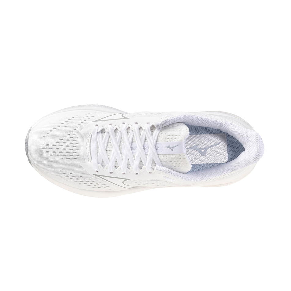 The upper of the left shoe from a pair of Mizuno Women's Wave Inspire 22 Running Shoes in the White/White/Harbor Mist colourway.