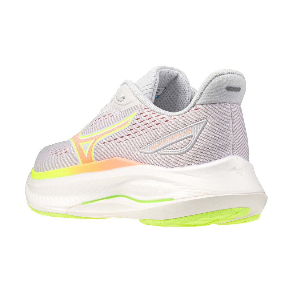 Lateral view of the left shoe from a pair of Mizuno Women's Wave Inspire 22 Running Shoes in the Cloudscape/Desert Flower/Lime Pulp colourway.