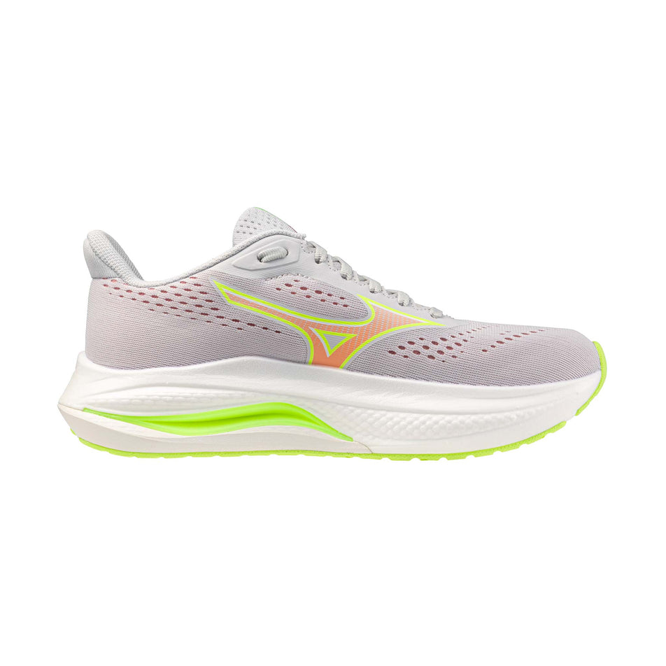 Medial view of the left shoe from a pair of Mizuno Women's Wave Inspire 22 Running Shoes in the Cloudscape/Desert Flower/Lime Pulp colourway.