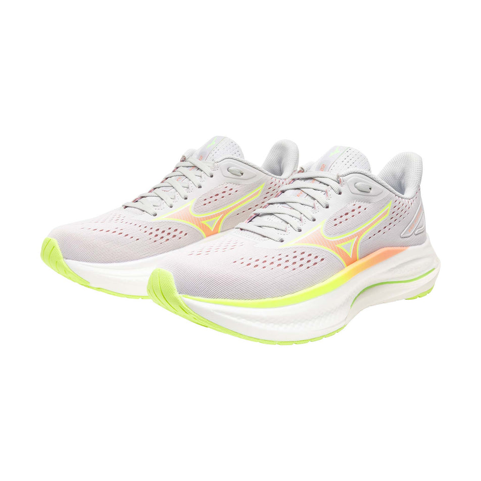 A pair of Mizuno Women's Wave Inspire 22 Running Shoes in the Cloudscape/Desert Flower/Lime Pulp colourway.