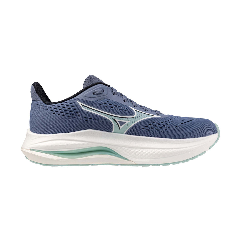 Medial view of the left shoe from a pair of Mizuno Women's Wave Inspire 22 Running Shoes in the Wild Wind/Icy Morn/White colourway.