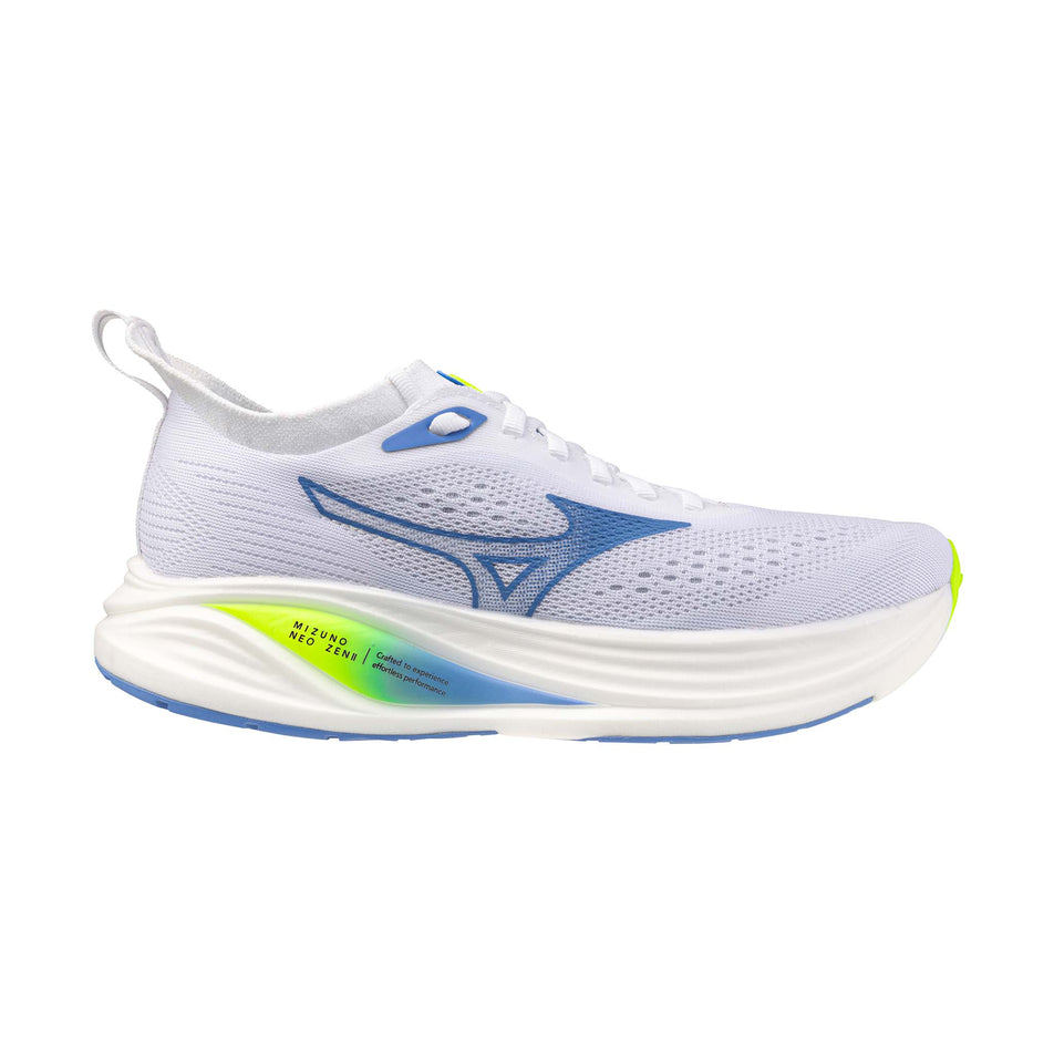 Lateral view of the right shoe from a pair of Mizuno Women's Neo Zen 2 Running Shoes in the White/Ultramarine/Lightning Yellow colourway.