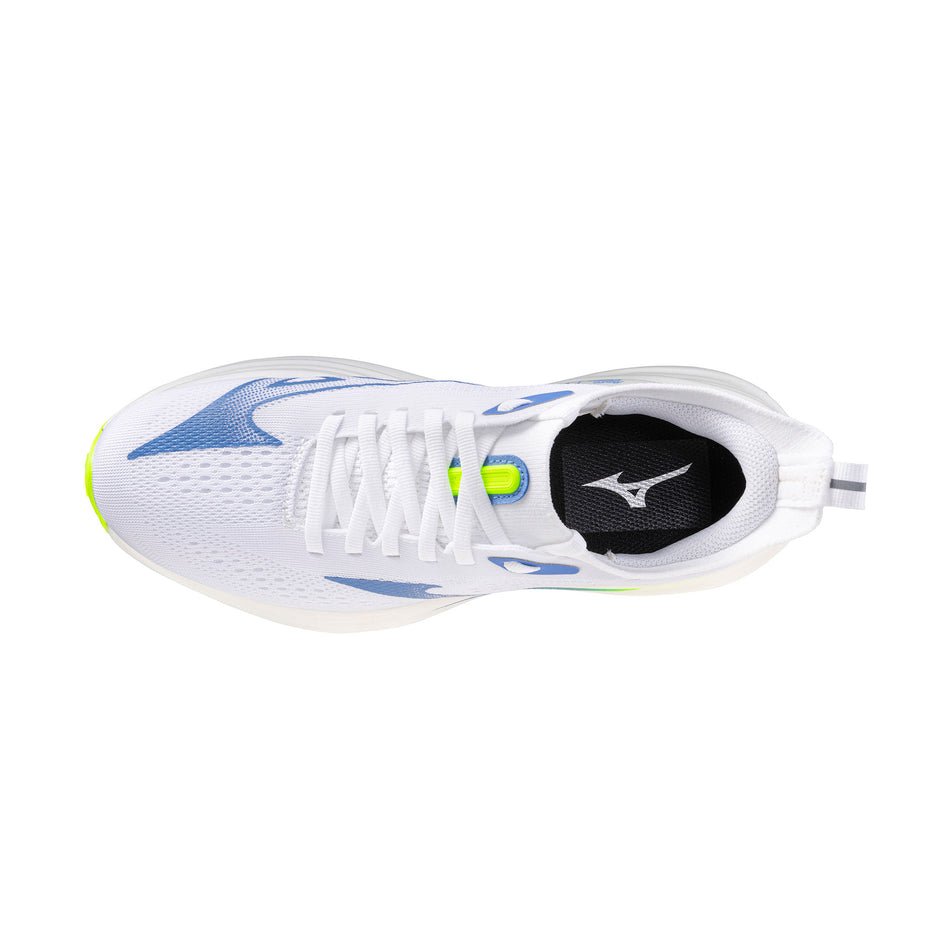 The upper of the left shoe from a pair of Mizuno Women's Neo Zen 2 Running Shoes in the White/Ultramarine/Lightning Yellow colourway.
