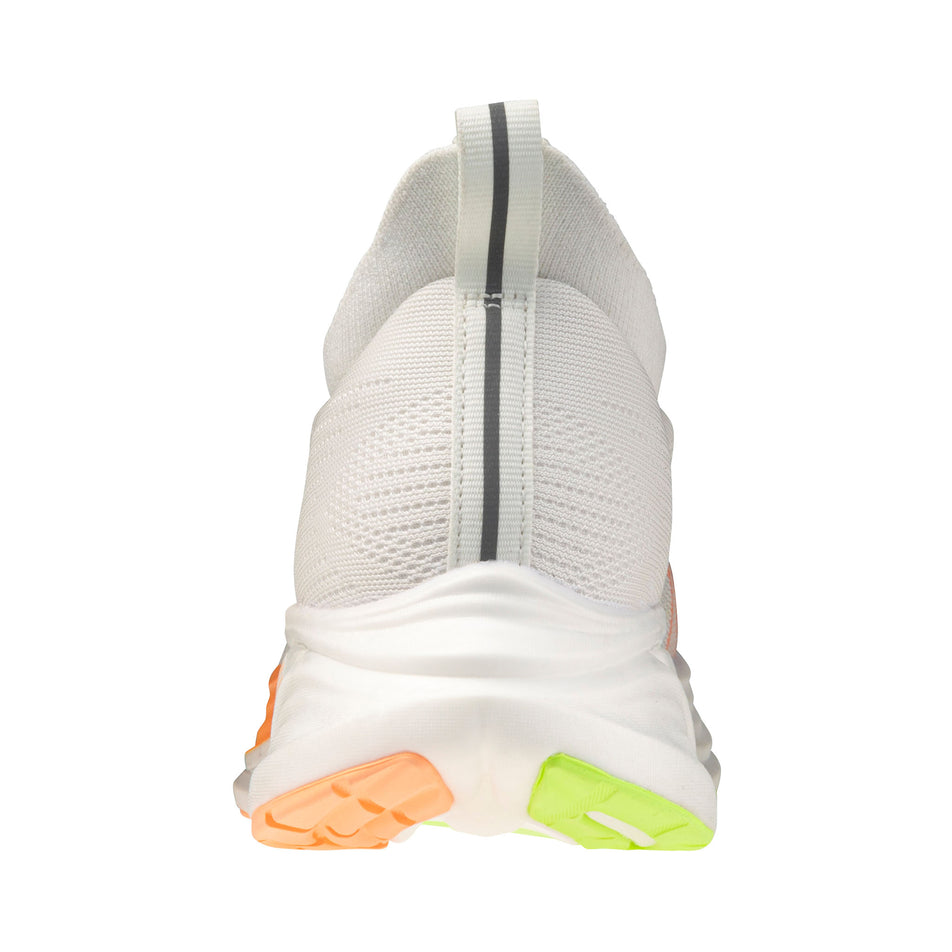 The back of the left shoe from a pair of Mizuno Women's Neo Zen 2 Running Shoes in the GF White/Flamingo Coral/Lime Pulp colourway.
