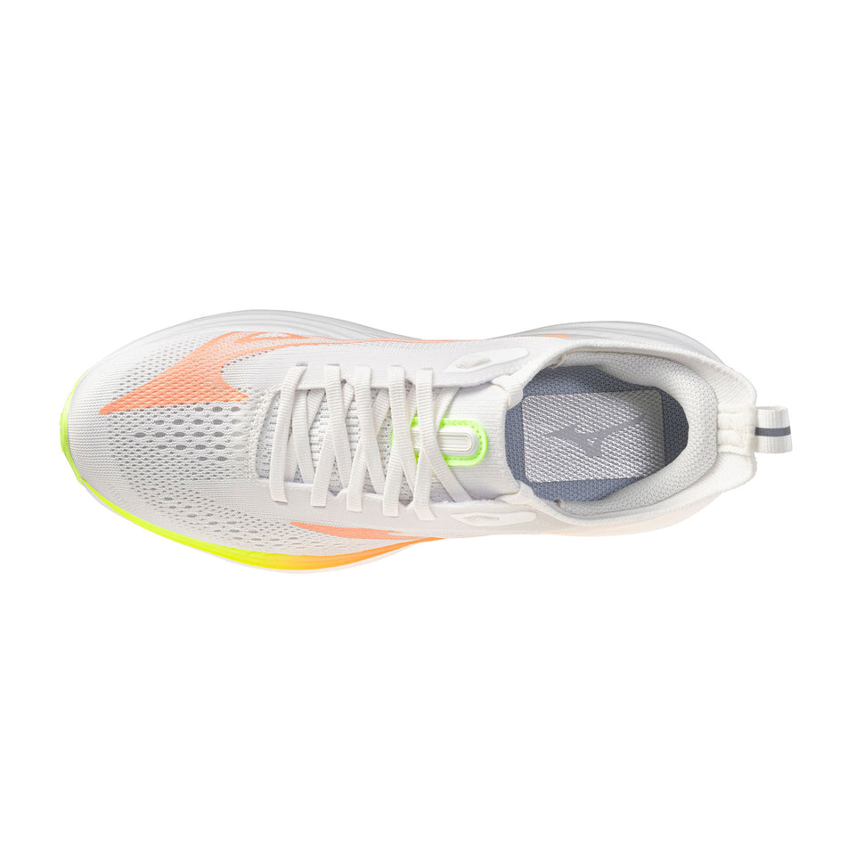 The upper of the left shoe from a pair of Mizuno Women's Neo Zen 2 Running Shoes in the GF White/Flamingo Coral/Lime Pulp colourway.