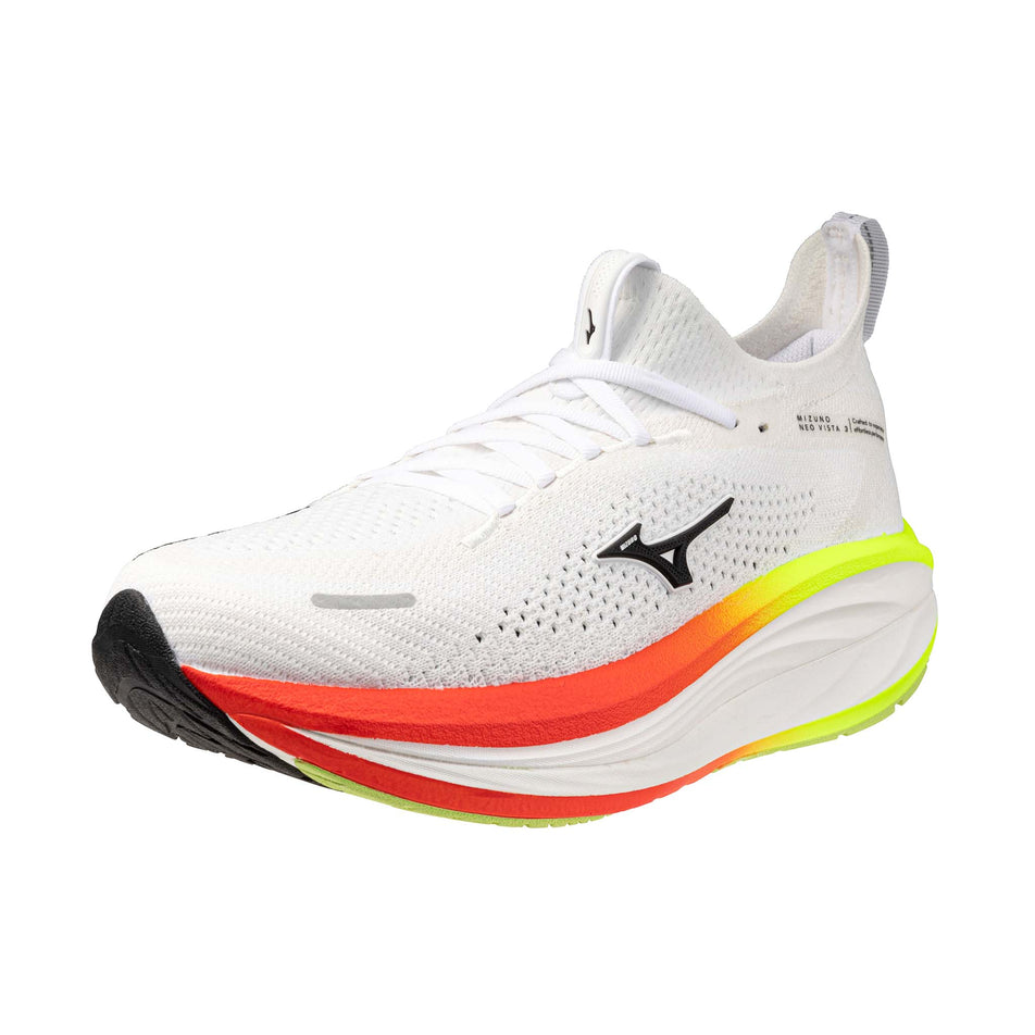 Lateral view of the left shoe from a pair of Mizuno Men's Neo Vista 3 Running Shoes in the White/Black/Orange.com colourway.
