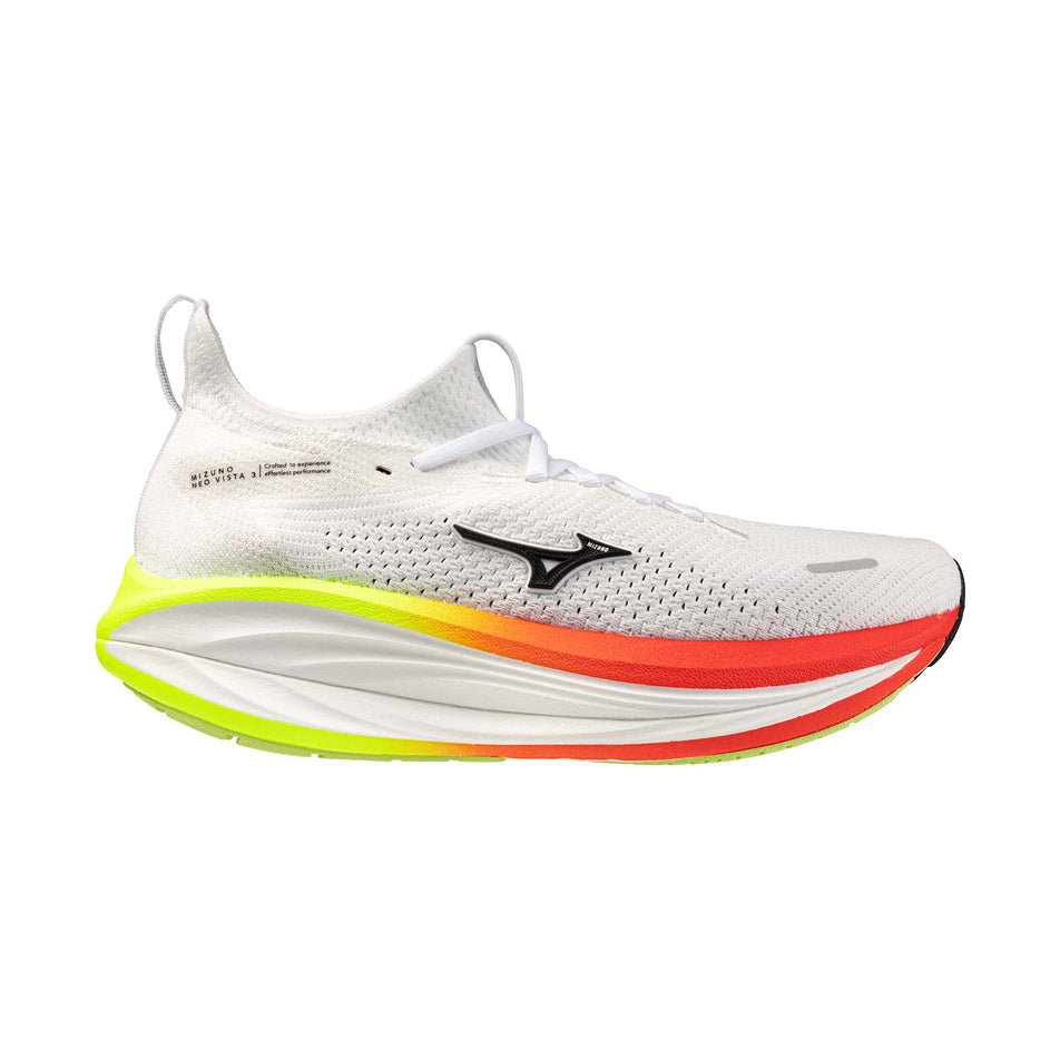 Lateral view of the right shoe from a pair of Mizuno Men's Neo Vista 3 Running Shoes in the White/Black/Orange.com colourway.