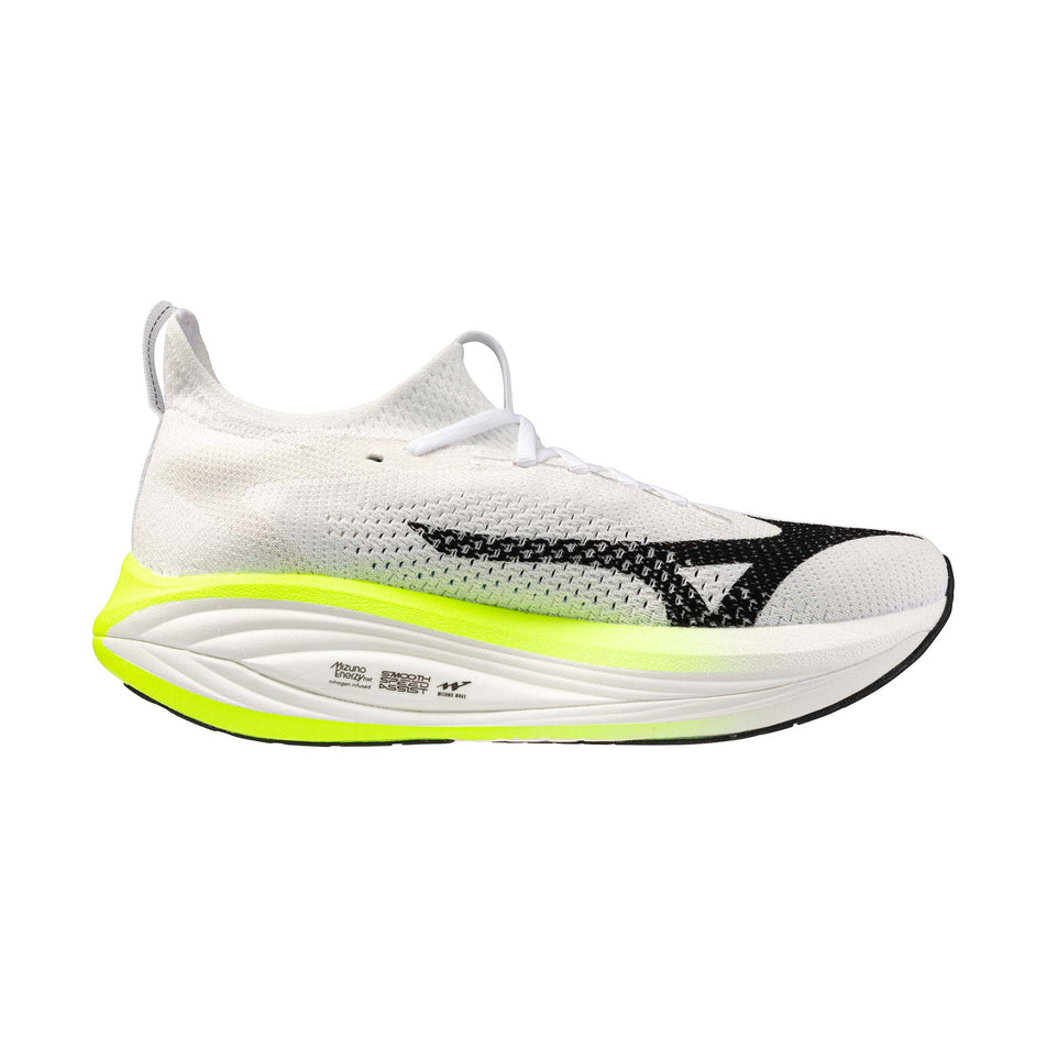 Medial view of the left shoe from a pair of Mizuno Men's Neo Vista 3 Running Shoes in the White/Black/Orange.com colourway.