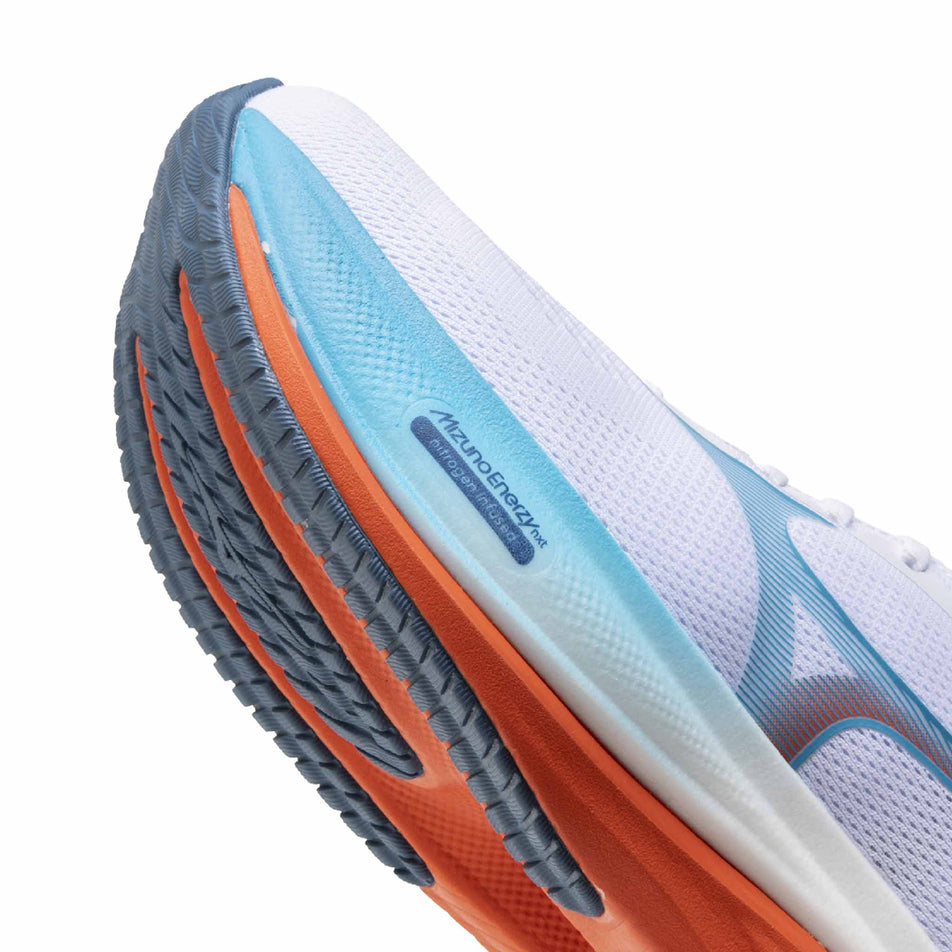 Lateral view of the left shoe from a pair of Mizuno Men's Wave Rider 30 Running Shoes in the White/Blue Jewel/Orange.com colourway.