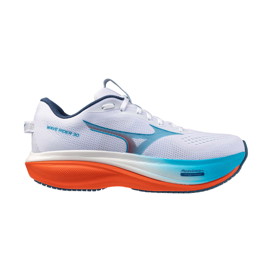 Lateral view of the right shoe from a pair of Mizuno Men's Wave Rider 30 Running Shoes in the White/Blue Jewel/Orange.com colourway.